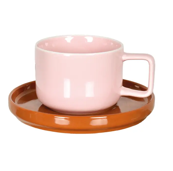 Tasse 220 ml et soucoupe en faïence bicolore rose et brun - Vellmio